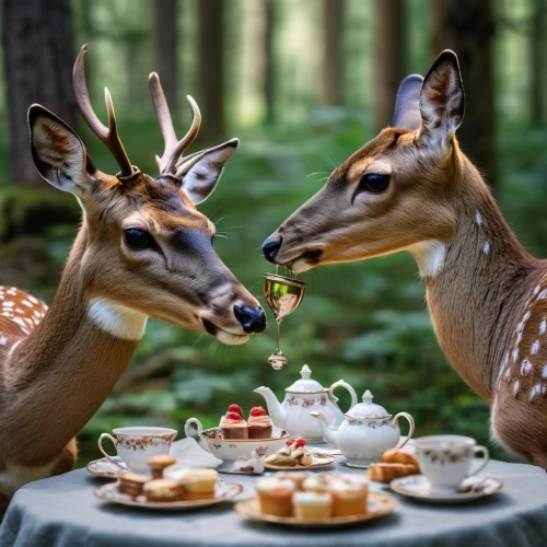 tea party,teatime,dinner for two,tea time,afternoon tea,tea service,romantic dinner,high tea,deer with cub,european deer,woodland animals,whimsical animals,deers,fawns,forest animals,gourmand,romantic scene,breakfast buffet,pere davids deer,romantic meeting,Photography,General,Natural