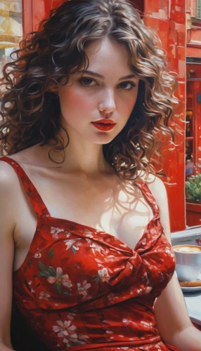 photorealist,dennings,italian painter,photo painting,hyperrealism,scherfig,man in red dress,glass painting,oil painting,girl in red dress,lady in red,red tablecloth,oil painting on canvas,photorealism,world digital painting,meticulous painting,adnate,woman at cafe,art painting,image manipulation,Conceptual Art,Daily,Daily 32