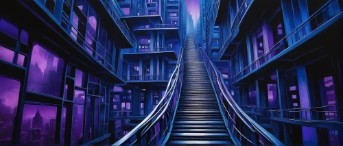 escaleras,cybercity,mainframes,escalera,cyberscene,cyberspace,purpleabstract,elevators,cybertown,cyberpunk,ascential,descent,ultraviolet,stairways,cyberia,hypermodern,ascending,stairway,levator,alleyway,Illustration,Black and White,Black and White 08