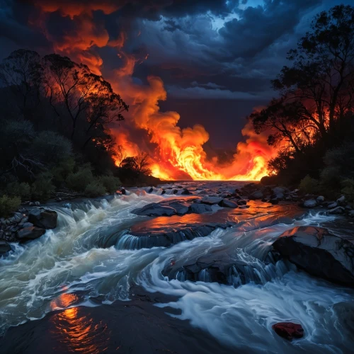 lava river,fire and water,lake of fire,lava flow,fire background,firefall,lava,world digital painting,firestorms,bushfire,rushing water,rapids,flowing water,eruption,firedoglake,bushfires,fantasy picture,fire on sky,forest fire,volcanic eruption,Conceptual Art,Fantasy,Fantasy 30