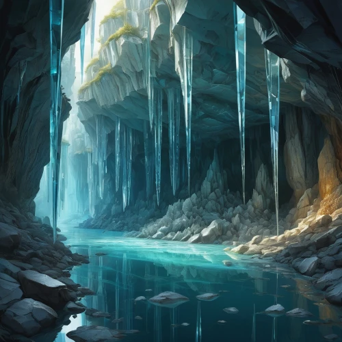 ice cave,icewind,ice castle,ice landscape,blue cave,blue caves,cave on the water,caverns,glacial melt,the blue caves,erebor,underdark,icefalls,icefall,the glacier,alfheim,icesheets,thingol,glacier,cavernosum,Illustration,Realistic Fantasy,Realistic Fantasy 28