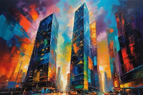 skyscrapers,cityscape,skyscraper,colorful city,the skyscraper,skycraper,metropolis,world digital painting,supertall,cybercity,skyscraping,urban towers,ctbuh,1 wtc,sky city,wtc,hypermodern,kaleidoscape,megacorporation,kinkade,Conceptual Art,Oil color,Oil Color 20