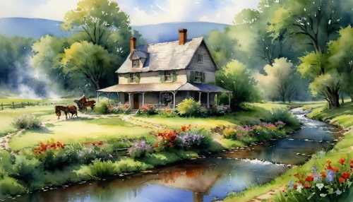home landscape,country cottage,summer cottage,cottage,little house,country house,house in the forest,watercolor background,farm house,landscape background,farmhouse,rural landscape,house painting,lonely house,beautiful home,meadow landscape,small house,house with lake,fisherman's house,idyllic,Conceptual Art,Oil color,Oil Color 03
