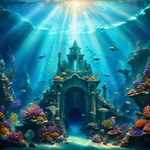 underwater background,underwater oasis,underwater landscape,aquarium,sunken church,underwater playground,under the sea,under sea,ocean underwater,underwater world,seaquarium,coral reef,marine tank,reef tank,atlantis,mermaid background,atlantik,ocean background,ocean paradise,atlantica,Illustration,Realistic Fantasy,Realistic Fantasy 20