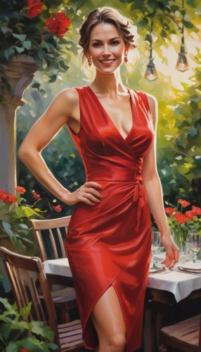 man in red dress,menounos,giada,woman at cafe,feldshuh,lady in red,restaurateur,dilek,cheongsam,girl in red dress,bussiness woman,clayderman,nicodemou,red tablecloth,ceca,restauranteur,ardant,biljana,fine dining restaurant,woman drinking coffee,Art,Classical Oil Painting,Classical Oil Painting 18