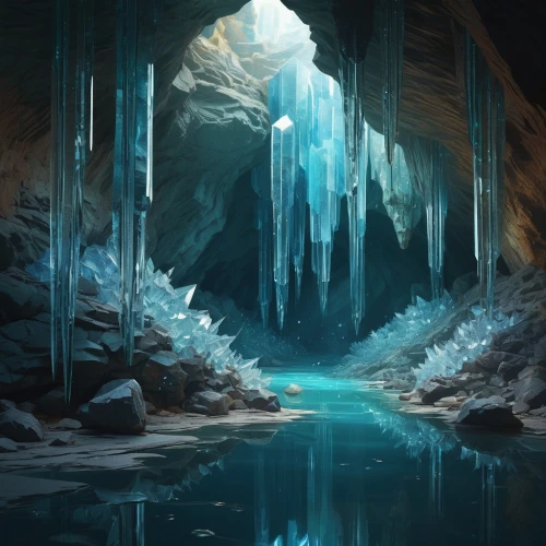 ice cave,blue cave,ice castle,ice landscape,blue caves,icewind,caverns,icefalls,ice planet,cave,glacial melt,the blue caves,cave on the water,icefall,cavern,the glacier,stalactites,glacier,ice crystal,caves,Illustration,Realistic Fantasy,Realistic Fantasy 28