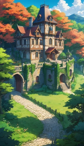 ghibli,studio ghibli,violet evergarden,butka,meteora,knight village,country estate,sylvania,dreamhouse,yazaki,highstein,knight's castle,miyazaki,yoshikuni,ancient house,castle,machico,seborga,witch's house,private house,Illustration,Japanese style,Japanese Style 03