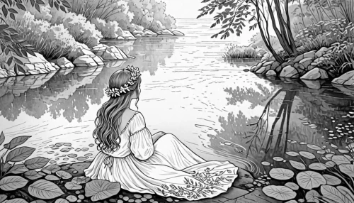 girl on the river,the blonde in the river,rusalka,kupala,ophelia,ninfa,shalott,streamside,water nymph,naiads,towpath,lilly pond,peignoir,naiad,llorona,waterway,the sea maid,the night of kupala,undine,orona,Design Sketch,Design Sketch,Detailed Outline