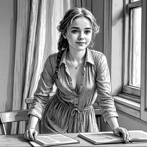 fantine,northanger,liesel,cosette,winslet,rosalyn,hermione,emilia,clementine,tuppence,saoirse,hypatia,quirine,girl studying,dany,nelisse,bibliophile,demelza,eponine,librarian,Design Sketch,Design Sketch,Black and white Comic