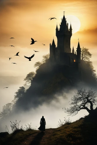 fantasy picture,hogwarts,fairy tale castle,fairytale castle,ghost castle,haunted castle,castle of the corvin,fantasy landscape,castles,fairy tale,gold castle,fairy tale castle sigmaringen,castle,fairytale,house silhouette,wizarding,morgause,fantasy art,gothic,diagon,Photography,Black and white photography,Black and White Photography 01