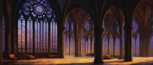 hall of the fallen,cathedral,sanctuary,stained glass windows,gothic church,sacristy,praetorium,stained glass,haunted cathedral,presbytery,cathedrals,labyrinthian,the cathedral,nidaros cathedral,arenanet,church painting,silmarillion,sanctum,entranceway,ecclesiatical,Illustration,Retro,Retro 19