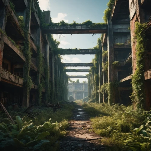 industrial ruin,lost place,lostplace,overgrowth,abandoned place,scampia,abandoned places,post-apocalyptic landscape,lost places,abandoned factory,ecotopia,cryengine,post apocalyptic,abandoned,postapocalyptic,environments,wasteland,industrial landscape,disused,pripyat,Photography,General,Fantasy