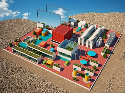 solar cell base,dust plant,sandbox,sandboxes,micropolis,combined heat and power plant,concrete plant,construction set,cargo containers,bioreactor,voxel,sewage treatment plant,wastewater treatment,playgrounds,3d rendering,shipping containers,isometric,voxels,construction site,geothermal energy,Photography,General,Realistic