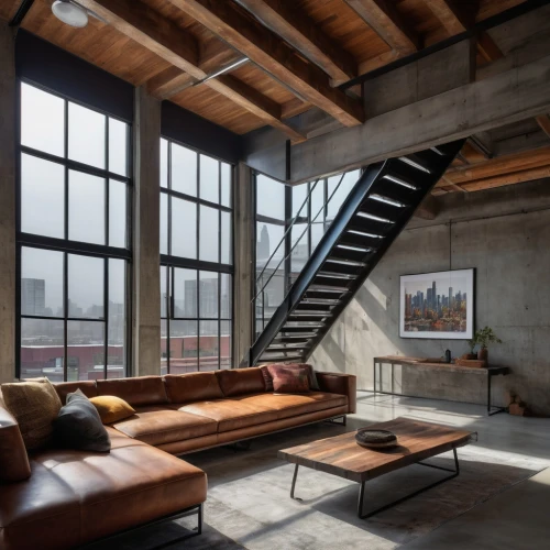loft,lofts,dogpatch,steel stairs,penthouses,contemporary decor,apartment lounge,modern decor,rowhouse,wooden beams,upstairs,living room,cantilevered,block balcony,interior design,kundig,home interior,interior modern design,outside staircase,stairwell,Illustration,American Style,American Style 08