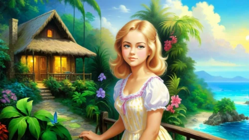 landscape background,children's background,candy island girl,polynesian girl,tropico,tropical house,proprietress,background image,amazonica,hawaiiana,fairy tale character,cuba background,summer background,background view nature,girl in the garden,nature background,housemaid,fantasy picture,marigot,cartoon video game background