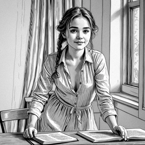 fantine,northanger,girl studying,cosette,pemberley,liesel,miniaturist,eponine,hande,girl drawing,hypatia,chambermaid,proprietress,lalaurie,clementine,schoolmistress,book illustration,anne,maidservant,dolores,Design Sketch,Design Sketch,Black and white Comic