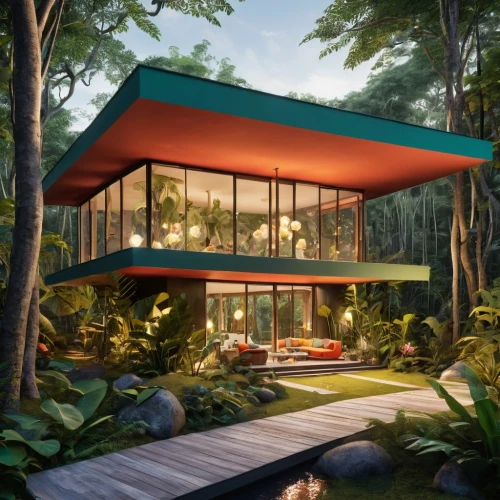 mid century house,house in the forest,forest house,mid century modern,modern house,pool house,3d rendering,tropical house,cabana,cubic house,florida home,inverted cottage,bungalow,cabanas,dunes house,holiday villa,electrohome,contemporary,modern architecture,conservatory,Photography,Artistic Photography,Artistic Photography 15