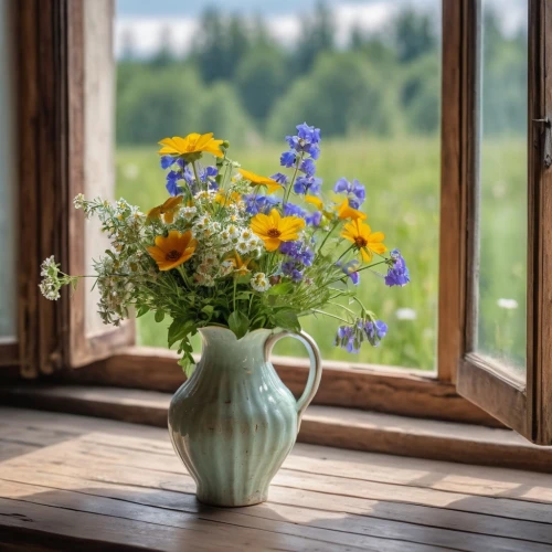 summer flowers,wood and flowers,window sill,sunflowers in vase,windowsill,flower vase,flower bowl,flowers in basket,flower vases,flower arrangement,flower basket,window view,flowers in pitcher,fine flowers,flower arrangement lying,windows wallpaper,meadow flowers,floral arrangement,potted flowers,splendor of flowers,Photography,General,Realistic