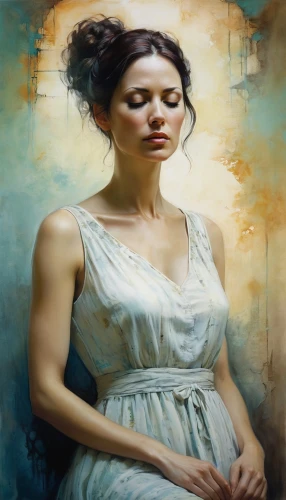 heatherley,praying woman,viveros,mystical portrait of a girl,woman thinking,heslov,woman praying,thyatira,margaery,oil painting,inanna,persephone,euridice,woman sitting,young woman,andromache,oil painting on canvas,girl with cloth,demeter,donsky,Illustration,Paper based,Paper Based 18