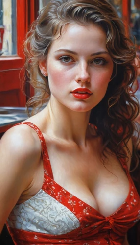 photorealist,oil painting,italian painter,glass painting,photo painting,art painting,woman at cafe,young woman,man in red dress,oil painting on canvas,dennings,hyperrealism,cigarette girl,painted lady,portraitists,woman sitting,lady in red,duchesse,viveros,pittura,Conceptual Art,Daily,Daily 32