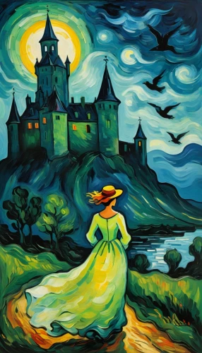 haunted castle,ghost castle,castles,fairy tale castle,post impressionism,brigadoon,dracula castle,hildebrandt,gwtw,castle of the corvin,castle,orona,safronov,nightdress,fairy tale icons,castel,castillo,fantasy picture,fairy tale character,church painting,Art,Artistic Painting,Artistic Painting 37