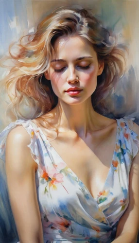 photo painting,young woman,oil painting,donsky,dussel,blonde woman,world digital painting,pittura,art painting,oil painting on canvas,mystical portrait of a girl,woman thinking,girl in cloth,girl in a long,italian painter,impressionism,etty,impressionist,romantic portrait,painting technique,Illustration,Paper based,Paper Based 11