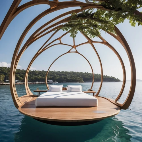 daybed,tree house hotel,floating huts,floating island,waterbed,infinity swimming pool,water sofa,floating stage,floating over lake,daybeds,inverted cottage,island suspended,tree house,treehouse,treehouses,summer house,hanging chair,amanresorts,floating on the river,chaise lounge,Photography,General,Realistic