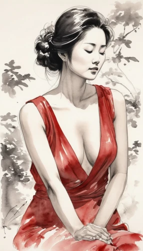 cheongsam,man in red dress,flamenca,lady in red,red gown,qipao,asian woman,woman sitting,flamenco,girl in red dress,japanese woman,oriental painting,madhumati,dilek,geisha girl,photo painting,geisha,decolletage,silk red,vietnamese woman,Illustration,Paper based,Paper Based 30