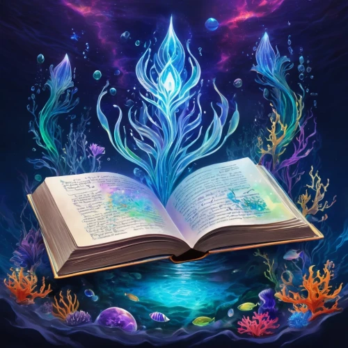 magic book,book wallpaper,spellbook,mermaid background,magic grimoire,storybook,fablehaven,underwater background,storybooks,spiral book,fantasy picture,sci fiction illustration,fire and water,realms,lectura,magical adventure,elements,underwater landscape,fantasy art,encyclopedia,Illustration,Realistic Fantasy,Realistic Fantasy 20