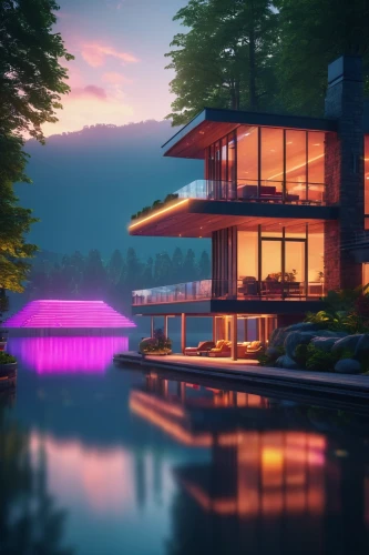 house by the water,house with lake,houseboat,dreamhouse,modern house,boathouse,render,boat house,summer cottage,beautiful home,pool house,3d rendering,houseboats,3d render,lake view,house in the mountains,futuristic landscape,floating huts,electrohome,aqua studio,Conceptual Art,Sci-Fi,Sci-Fi 26