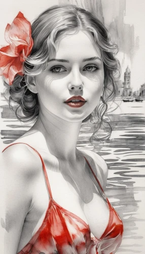 watercolor pin up,the blonde in the river,girl on the river,the sea maid,viveros,valentine day's pin up,rose white and red,valentine pin up,vanderhorst,pin-up girl,ink painting,photo painting,girl on the boat,behenna,pin up girl,red rose,manara,water rose,retro pin up girl,domergue,Illustration,Black and White,Black and White 30