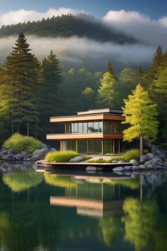 house with lake,golden pavilion,house by the water,the golden pavilion,teahouse,snohetta,boat house,houseboat,boathouse,mid century house,dreamhouse,house in mountains,house in the mountains,asian architecture,forest house,pool house,floating huts,world digital painting,summer house,house in the forest,Illustration,Retro,Retro 26