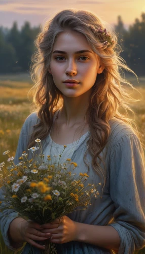 girl in flowers,beautiful girl with flowers,jessamine,yellow rose background,holding flowers,romantic portrait,galadriel,liesel,girl picking flowers,dandelion background,margairaz,flower background,flower in sunset,golden flowers,eilonwy,mystical portrait of a girl,ellinor,fantasy portrait,dandelion meadow,dandelion field,Conceptual Art,Fantasy,Fantasy 12