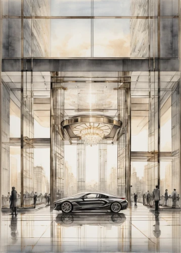 lexcorp,art deco background,illustration of a car,mercedes s class,daimlers,unbuilt,mulliner,arcology,glass facade,oscorp,renderings,maybach,art deco,xts,cochere,glass facades,car showroom,skyfall,model s,amstutz,Illustration,Paper based,Paper Based 30