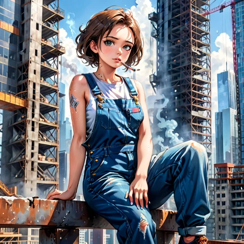 girl in overalls,hausser,overalls,city ​​portrait,dungarees,alita,construction worker,cityscape,girl sitting,giantess,refinery,marla,akira,overall,female worker,rockwell,falsework,urban,high rise,civilian,Anime,Anime,General