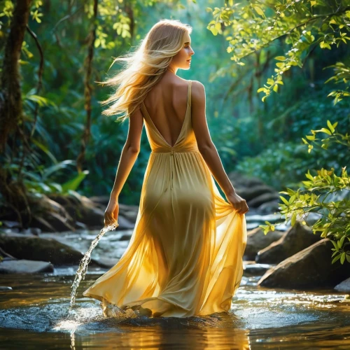 the blonde in the river,flowing water,water nymph,girl on the river,girl in a long dress,kupala,woman at the well,faerie,cascading,yellow jumpsuit,fetching water,flowing,water flowing,naiad,faery,girl in a long dress from the back,wild water,water fall,enchanting,beauty in nature,Photography,Artistic Photography,Artistic Photography 14