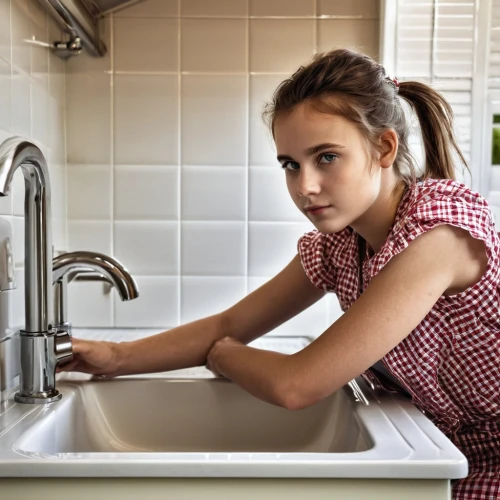 girl with cereal bowl,girl in the kitchen,kitchen sink,hand washing,dishwashing,washing dishes,fluoridate,washing hands,dishpan,fluoridation,brassware,water tap,chlorination,faucet,mixer tap,wash the dishes,handwashing,faucets,water faucet,fluoridated