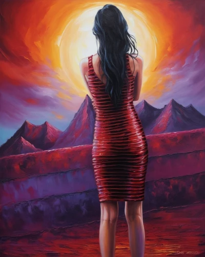 man in red dress,world digital painting,oil painting on canvas,on a red background,red background,art painting,oil painting,red sun,girl in red dress,oil on canvas,lady in red,fantasy art,red wall,inanna,eclipsed,digital painting,overpainting,red sky,fantasy picture,donsky,Illustration,Realistic Fantasy,Realistic Fantasy 25
