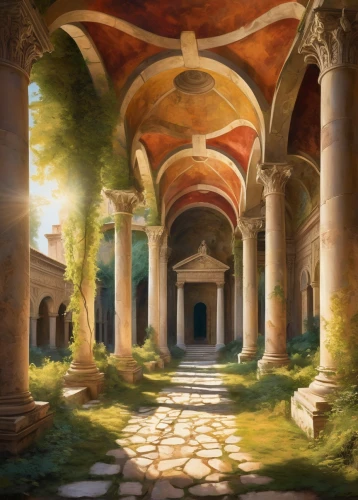 cloistered,cloister,hall of the fallen,archways,cloisters,undercroft,arcaded,colonnades,seregil,ancient city,pillars,labyrinthian,peristyle,galerius,panagora,the ancient world,artemis temple,venanzio,solstices,theed,Illustration,Vector,Vector 07