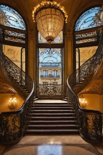 foyer,staircase,outside staircase,musée d'orsay,orsay,ritzau,entrance hall,casa fuster hotel,jugendstil,cochere,emporium,enfilade,driehaus,escalera,ornate,art nouveau frame,circular staircase,winding staircase,staircases,art nouveau frames,Illustration,American Style,American Style 03