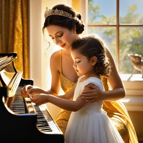 piano lesson,cute girl playing piano,pianist,concerto for piano,play piano,piano player,piano,pianoforte,pianism,pianists,steinways,serenade,little girl and mother,the piano,steinway,accompanist,bergersen,accompanists,rachmaninoff,bechstein,Illustration,Realistic Fantasy,Realistic Fantasy 10