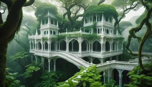 tree house,house in the forest,forest house,treehouses,treehouse,tree house hotel,witch's house,dreamhouse,fairy tale castle,ghost castle,fairy house,elven forest,ancient house,rivendell,fantasy picture,fairytale castle,hanging houses,fantasy city,philodendrons,bird kingdom,Illustration,Abstract Fantasy,Abstract Fantasy 08