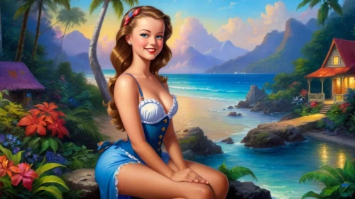 mermaid background,pin-up girl,retro pin up girl,pin up girl,beach background,the sea maid,landscape background,fantasy picture,hawaiiana,retro pin up girls,pin-up girls,cartoon video game background,polynesian girl,blue hawaii,fantasy art,amphitrite,pin-up model,ariel,summer background,candy island girl