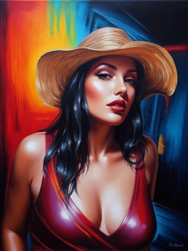 adnate,oil painting on canvas,mexican painter,chicana,welin,vanderhorst,viveros,oil painting,pintura,art painting,italian painter,peinture,girl wearing hat,pintor,panama hat,photorealist,mousseau,the hat-female,oil on canvas,leather hat,Illustration,Realistic Fantasy,Realistic Fantasy 25