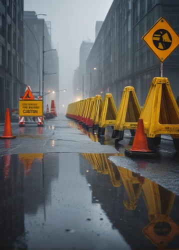 road cone,detour,slippery road,traffic cones,cinema 4d,traffic cone,barricades,traffic hazard,heavy rain,flooded pathway,flashfloods,contraflow,crossguard,obstacle,traffic signs,roadworker,safety cone,physx,traffic sign,puddles,Art,Classical Oil Painting,Classical Oil Painting 20
