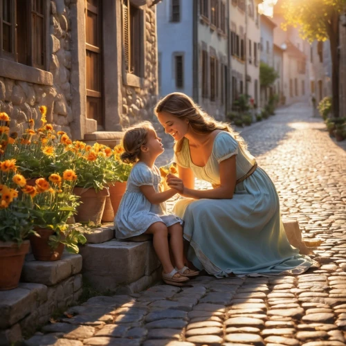 little girl and mother,blessing of children,little girl reading,girl picking flowers,girl and boy outdoor,little boy and girl,maternal,vintage boy and girl,photographing children,girl praying,holy family,romanies,golden light,romantic scene,mother and daughter,mom and daughter,holding flowers,picking flowers,figli,children studying,Illustration,Abstract Fantasy,Abstract Fantasy 10