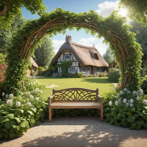 garden bench,thatched cottage,dandelion hall,hobbiton,cottage garden,english garden,summer cottage,wisgerhof,mottisfont,country cottage,wooden bench,fairy door,witch's house,garden door,timber framed building,idyllic,arbour,thatched,inglenook,beautiful home,Photography,General,Realistic