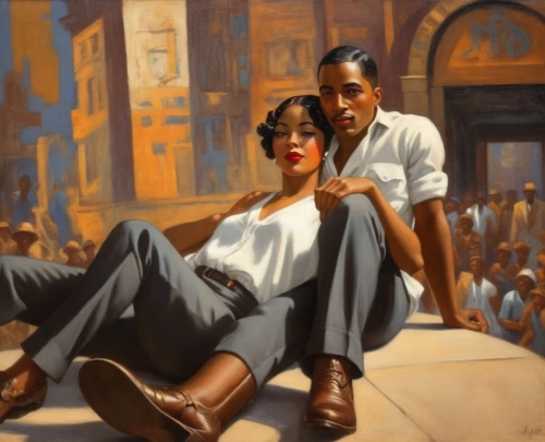 vettriano,black couple,roaring twenties couple,vintage man and woman,coretta,young couple,struzan,blacksad,harlem,rockwell,oil painting on canvas,blues and jazz singer,whitmore,vintage art,oil on canvas,goudeau,hansberry,amants,conwell,gentleman icons,Illustration,Realistic Fantasy,Realistic Fantasy 21