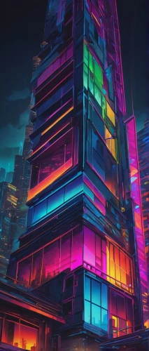 colorful city,cybercity,electric tower,tetris,cybertown,skyscraper,cyberpunk,the energy tower,pc tower,the skyscraper,residential tower,hypermodern,colorful facade,glass building,high-rise building,urban towers,high rise building,ctbuh,megapolis,apartment block,Illustration,Retro,Retro 16
