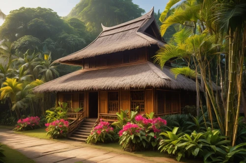tropical house,javanese traditional house,asian architecture,teahouse,longhouses,longhouse,traditional house,teahouses,home landscape,thai temple,ubud,tropical forest,tropical bloom,ancient house,beautiful home,wooden house,tropical island,bungalows,indonesia,buddhist temple,Illustration,Retro,Retro 09